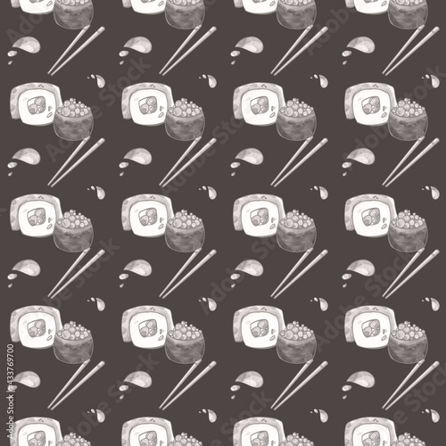 Seamless square sushi pattern asian food isolate on gray background. Digital art. Print for cafe, menu, product packaging, brand, restaurant, bar, textiles photo