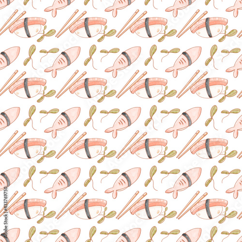 Seamless square sushi pattern asian food isolate on white background. Digital art. Print for cafe, menu, product packaging, brand, restaurant, bar, textiles