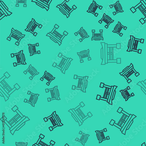 Black line Japan Gate icon isolated seamless pattern on green background. Torii gate sign. Japanese traditional classic gate symbol. Vector Illustration