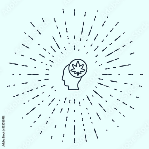 Black line Male head in profile with marijuana or cannabis leaf icon isolated on grey background. Marijuana legalization. Hemp symbol. Abstract circle random dots. Vector Illustration