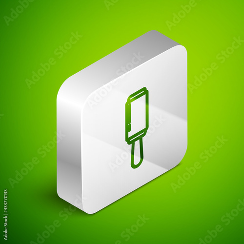Isometric line Adhesive roller for cleaning clothes icon isolated on green background. Getting rid of debris, dust, hair, fluff, pet wool. Silver square button. Vector Illustration