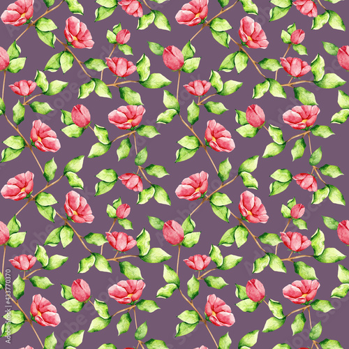 Watercolor pink flowers and branches with green leaves seamless pattern. Wild rose print on purple background. Ornate design for textile, wallpaper, fabric, wrapping paper and decoration.