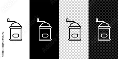 Set line Manual coffee grinder icon isolated on black and white background. Vector Illustration