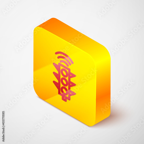 Isometric line Smart traffic light system icon isolated on grey background. Internet of things concept with wireless connection. Yellow square button. Vector