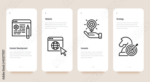 Digital marketing mobile user interface with thin line icon set. Content development, website, innovation, strategy. Pixel perfect, editable stroke. Vector illustration