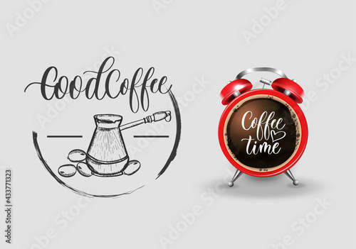 A cup of coffee in the form of an alarm clock with a typography quote, a phrase about coffee. Stock illustration. Design template. View from above.