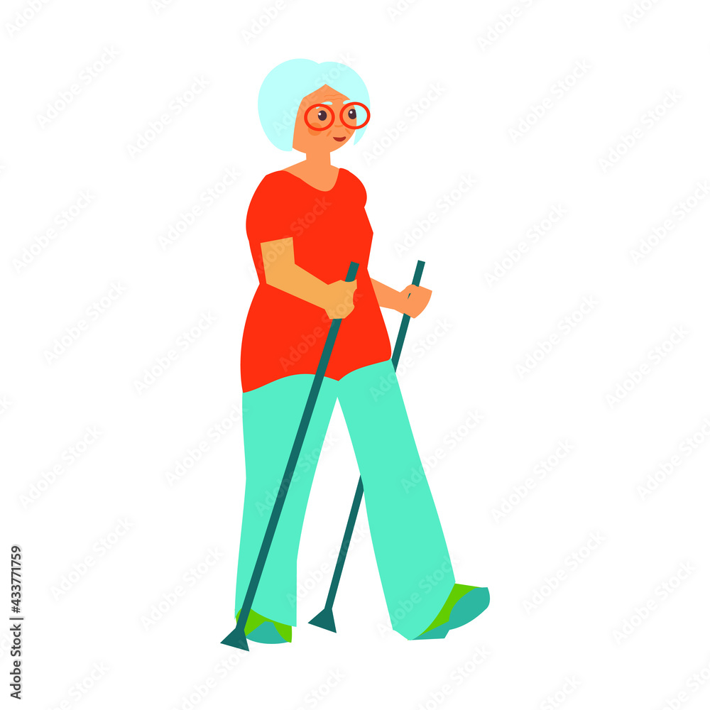 Old woman Hiking Nordic Walking pensioner Flat vector illustration Old woman Hiking Nordic Walking pensioner Flat vector illustration
