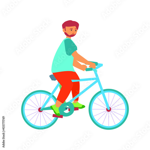 Young man riding bicycle Vector flat illustration