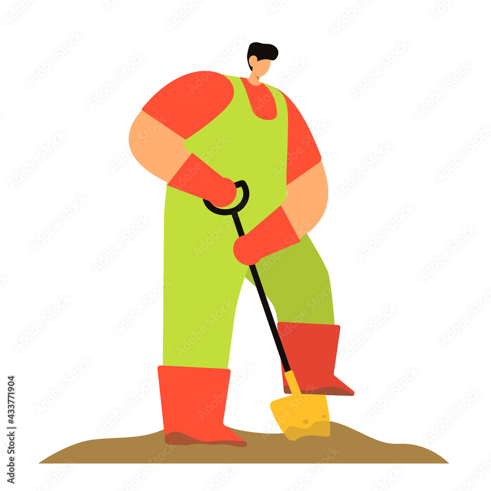 A gardener in green overalls and an orange T-shirt is dripping a hole with a shovel. Stylish vector illustration in flat cartoon style. Gardening. Summer. A gardener in green overalls and an orange T-shirt is dripping a hole with a shovel. Stylish vector illustration in flat cartoon style. Gardening. Summer.