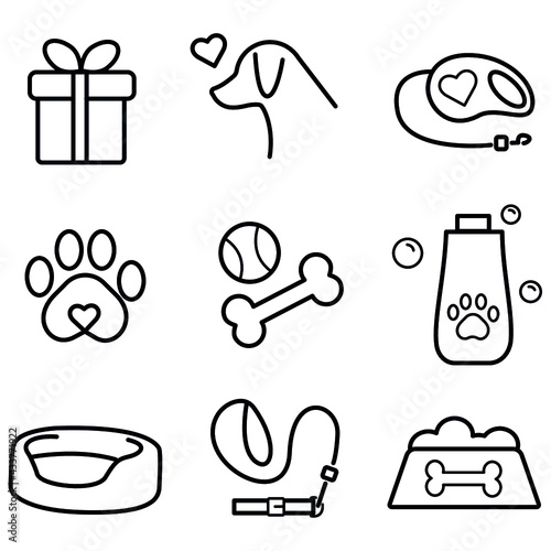 Set of flat linear dog icons. Accessories, things, ammunition for dogs.  Stylish vector illustration in flat cartoon style.