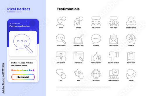 Testimonials thin line icons set: user opinion, group opinion, focus group, rate service in app, positive and negative feedback, review, voting.  Pixel perfect, editable stroke. Vector illustration.