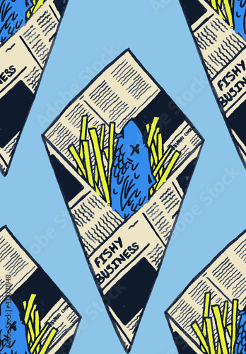 Vector print design on the theme of seamless fish and chips for kids