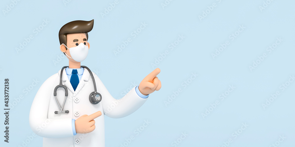 3d Doctor of medicine points up with his finger open space on blue background 3d rendering. 3d illustration Medical insurance template, hospital, medical healthcare concept.