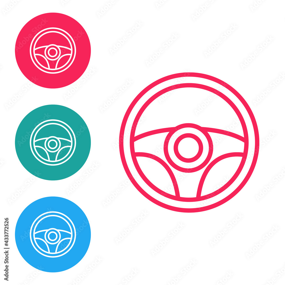 Red line Steering wheel icon isolated on white background. Car wheel icon. Set icons in circle buttons. Vector Red line Steering wheel icon isolated on white background. Car wheel icon. Set icons in circle buttons. Vector