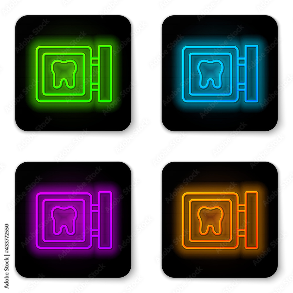 Glowing neon line Dental clinic location icon isolated on white background. Black square button. Vector Glowing neon line Dental clinic location icon isolated on white background. Black square button. Vector
