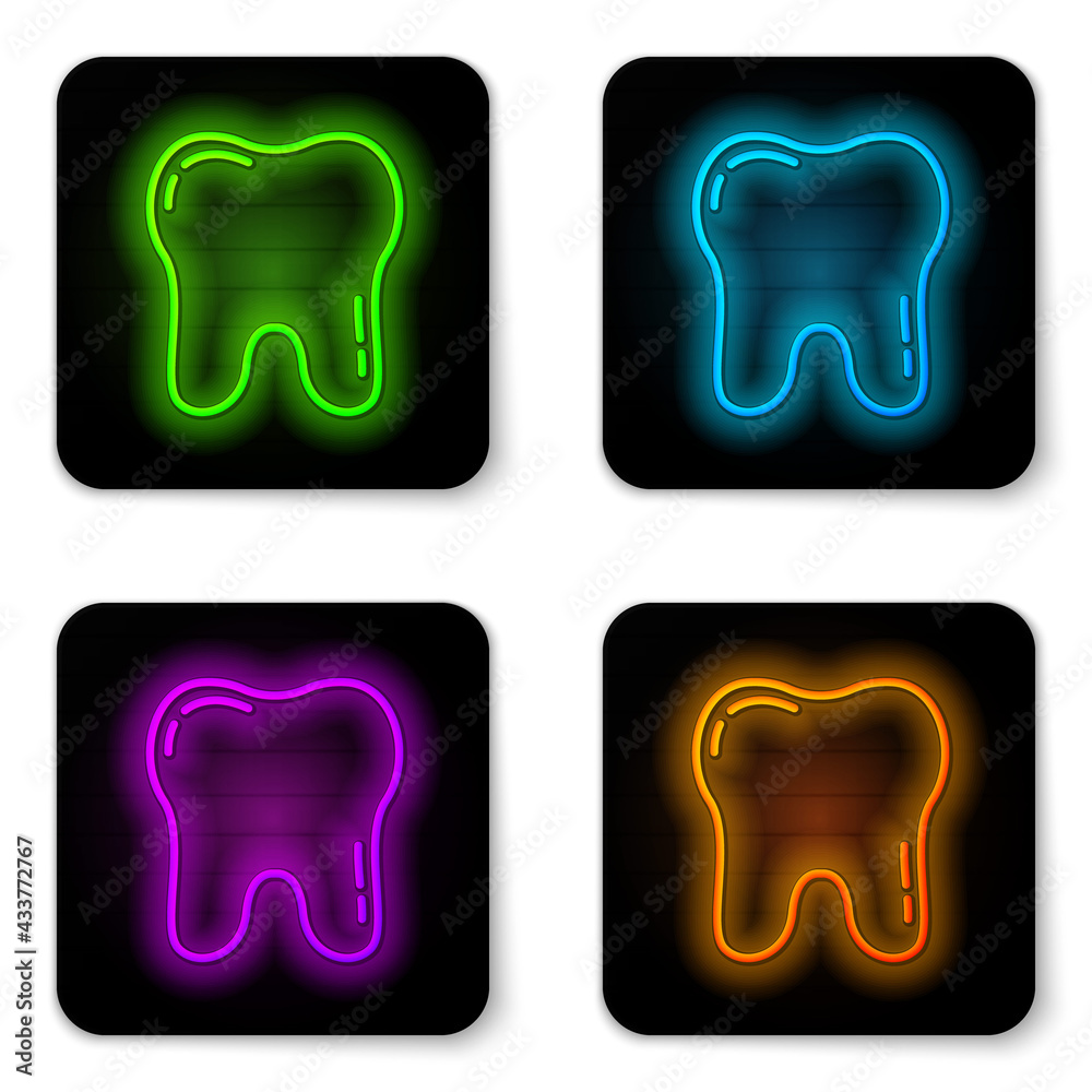 Glowing neon line Tooth icon isolated on white background. Tooth symbol for dentistry clinic or dentist medical center and toothpaste package. Black square button. Vector Glowing neon line Tooth icon isolated on white background. Tooth symbol for dentistry clinic or dentist medical center and toothpaste package. Black square button. Vector