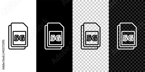 Set line 5G Sim Card icon isolated on black and white background. Mobile and wireless communication technologies. Network chip electronic connection. Vector