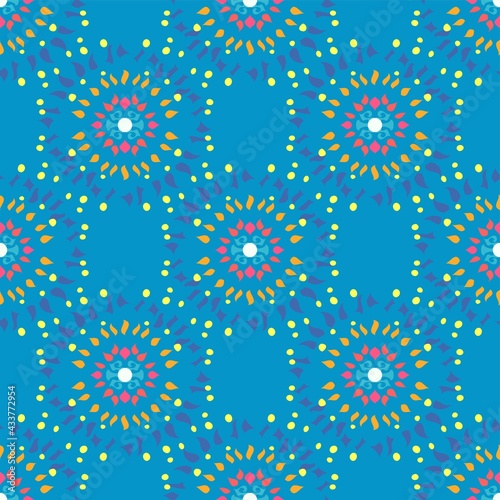 Firework Repeat Pattern In Red, Orange, Yellow And Blue