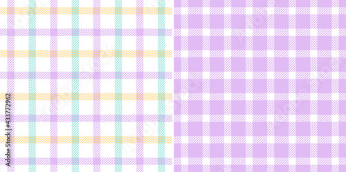 Plaid pattern set colorful pastel in purple, green, yellow, white. Seamless windowpane tartan checks for spring summer shirt, dress, skirt, handkerchief, jacket, other modern fashion textile print.