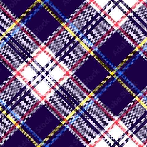 Check plaid pattern multicolored in navy blue, pink, bright blue, neon yellow, white. Seamless tartan graphic for duvet, blanket, flannel shirt, other modern autumn winter fashion textile print.