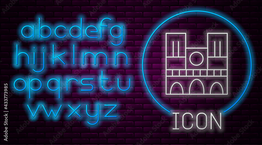 Glowing neon line Landmark of France Notre Dame de Paris icon isolated on brick wall background. Neon light alphabet. Vector Glowing neon line Landmark of France Notre Dame de Paris icon isolated on brick wall background. Neon light alphabet. Vector