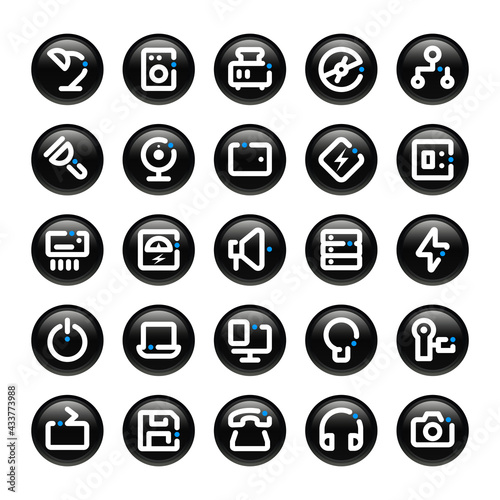 Circle outline icons for electronics.