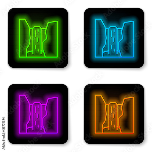 Glowing neon line Algar waterfall icon isolated on white background. Region Alicante. Spain. Black square button. Vector