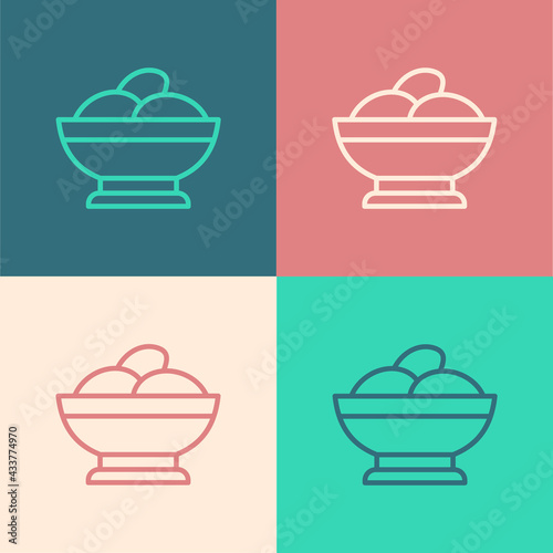 Pop art line Varenyky in a bowl icon isolated on color background. Pierogi, varenyky, dumpling, pelmeni, ravioli. Traditional Ukrainian food. Vector