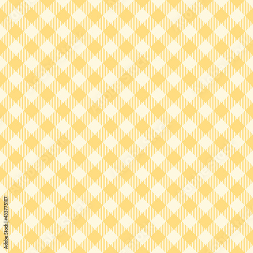 Gingham pattern seamless vector design in yellow and off white. Vichy check background graphic for tablecloth, napkin, oilcloth, picnic blanket, other modern spring summer fashion textile print.