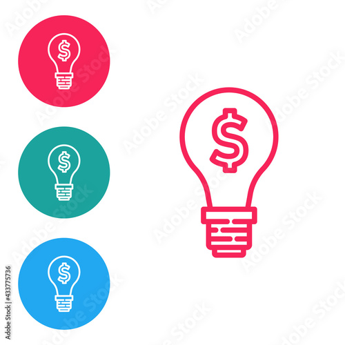 Red line Light bulb with dollar symbol icon isolated on white background. Money making ideas. Fintech innovation concept. Set icons in circle buttons. Vector