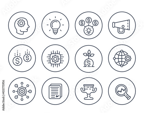startup line icons set on white, creative process, idea, initial capital, funding, innovation, project growth, analytics