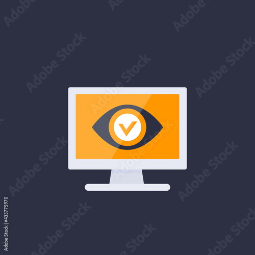 Monitoring icon, eye on computer screen