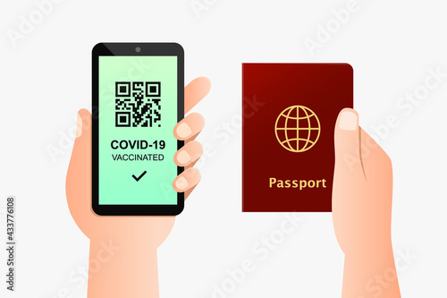 Smartphone screen showing vaccination pass with QR code and passport concept