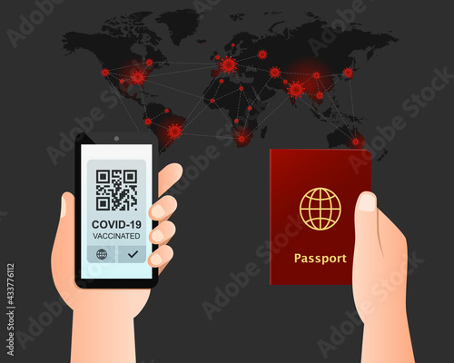 Passport and smartphone as health pass and proof of being vaccinated. World map, travel and traveling, COVID-19, coronavirus, pandemic and vaccination concept. 