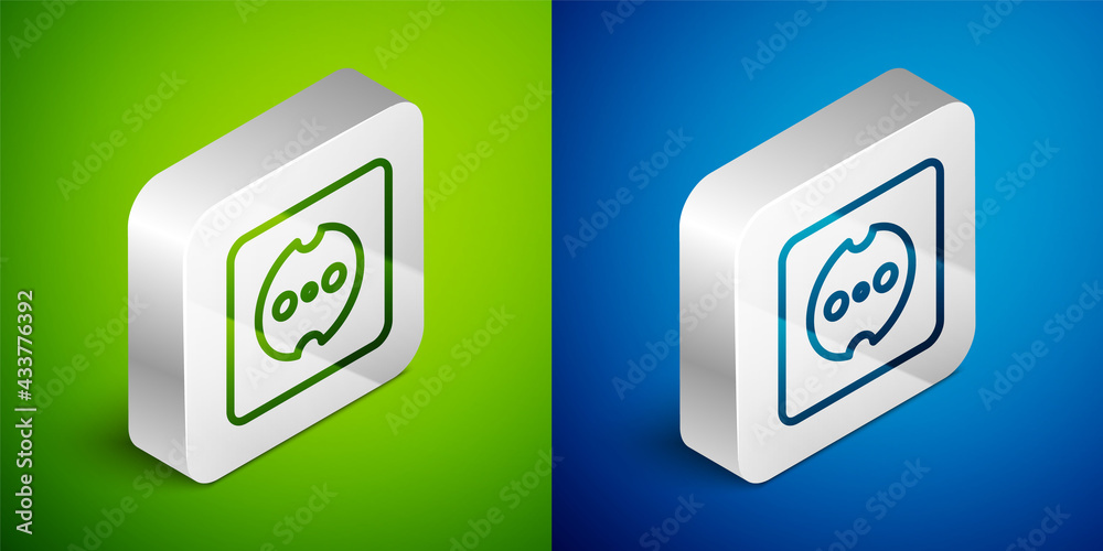 Isometric line Electrical outlet icon isolated on green and blue background. Power socket. Rosette symbol. Silver square button. Vector Isometric line Electrical outlet icon isolated on green and blue background. Power socket. Rosette symbol. Silver square button. Vector