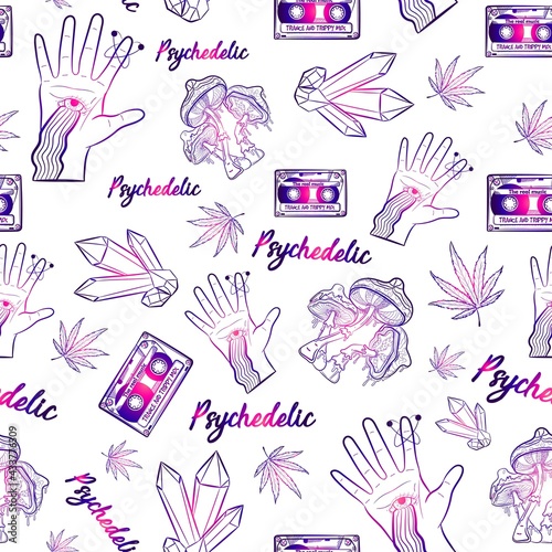 Psychedelic trippy seamless pattern with gradient witchy and occult elements. Witchcraft repetitive background with gemstones, cassettes, mushrooms, weed and the eye of God. Narcotic and hypnotic LSD.