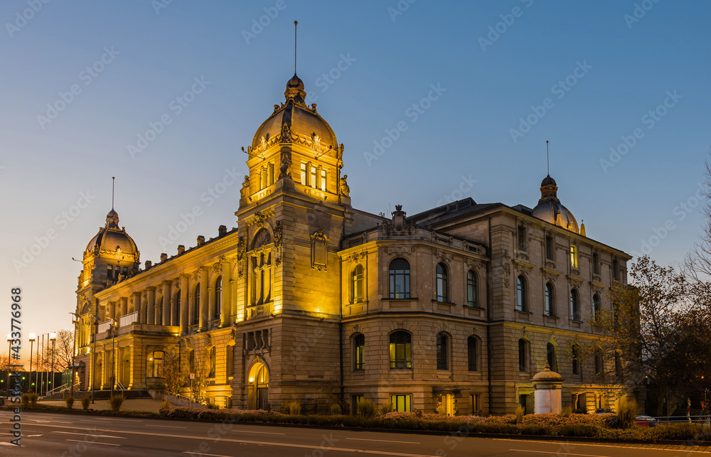 Historic town hall (Stadthalle) in Wuppertal by night; Germany