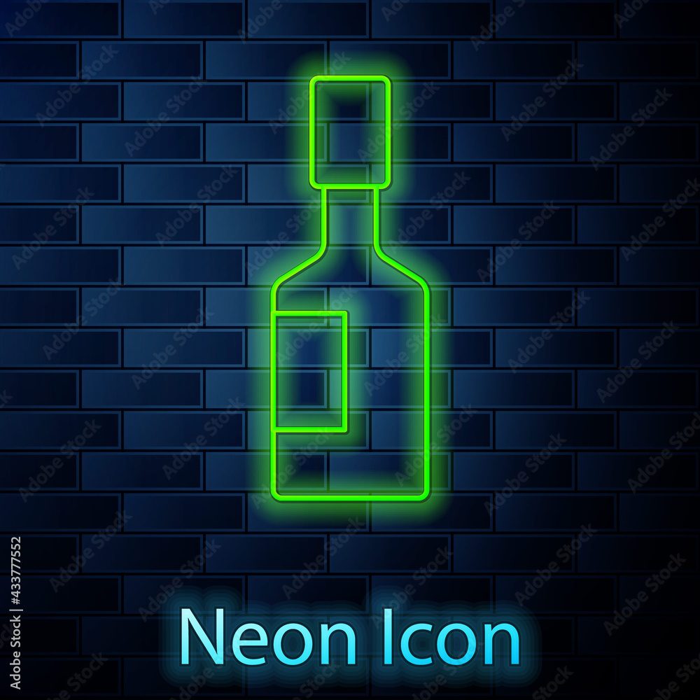 Glowing neon line Tabasco sauce icon isolated on brick wall background. Chili cayenne spicy pepper sauce. Vector Glowing neon line Tabasco sauce icon isolated on brick wall background. Chili cayenne spicy pepper sauce. Vector