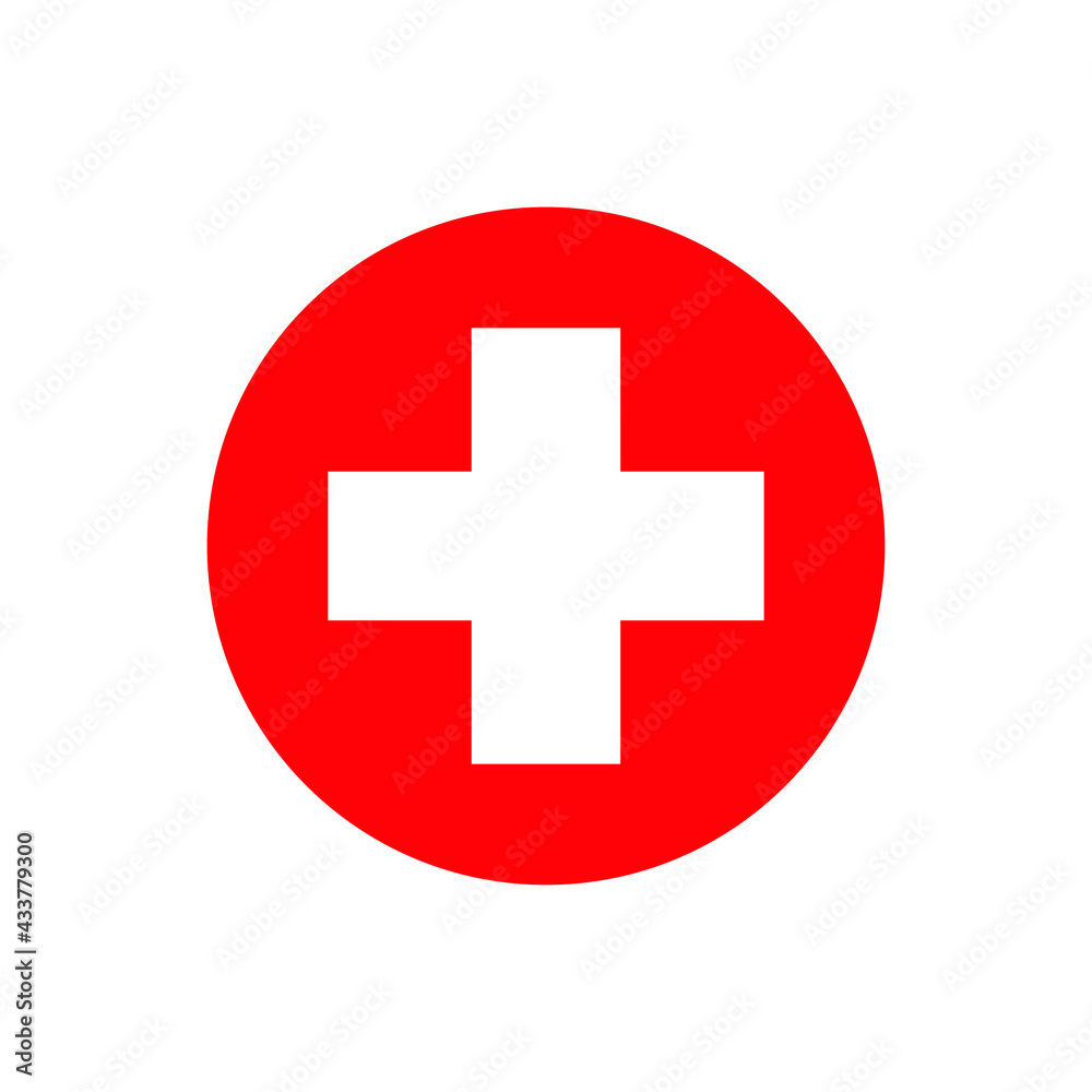 International sign of the red medical cross. Icon in a red circle. Vector symbol on white background. International sign of the red medical cross. Icon in a red circle. Vector symbol on white background.