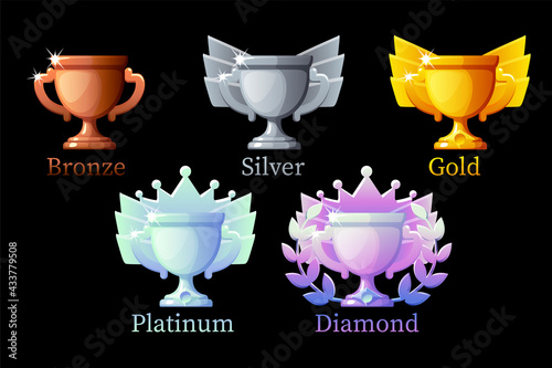 Game Rank awards cup, gold, silver, platinum, bronze, diamond cups 6 steps animation for game.
