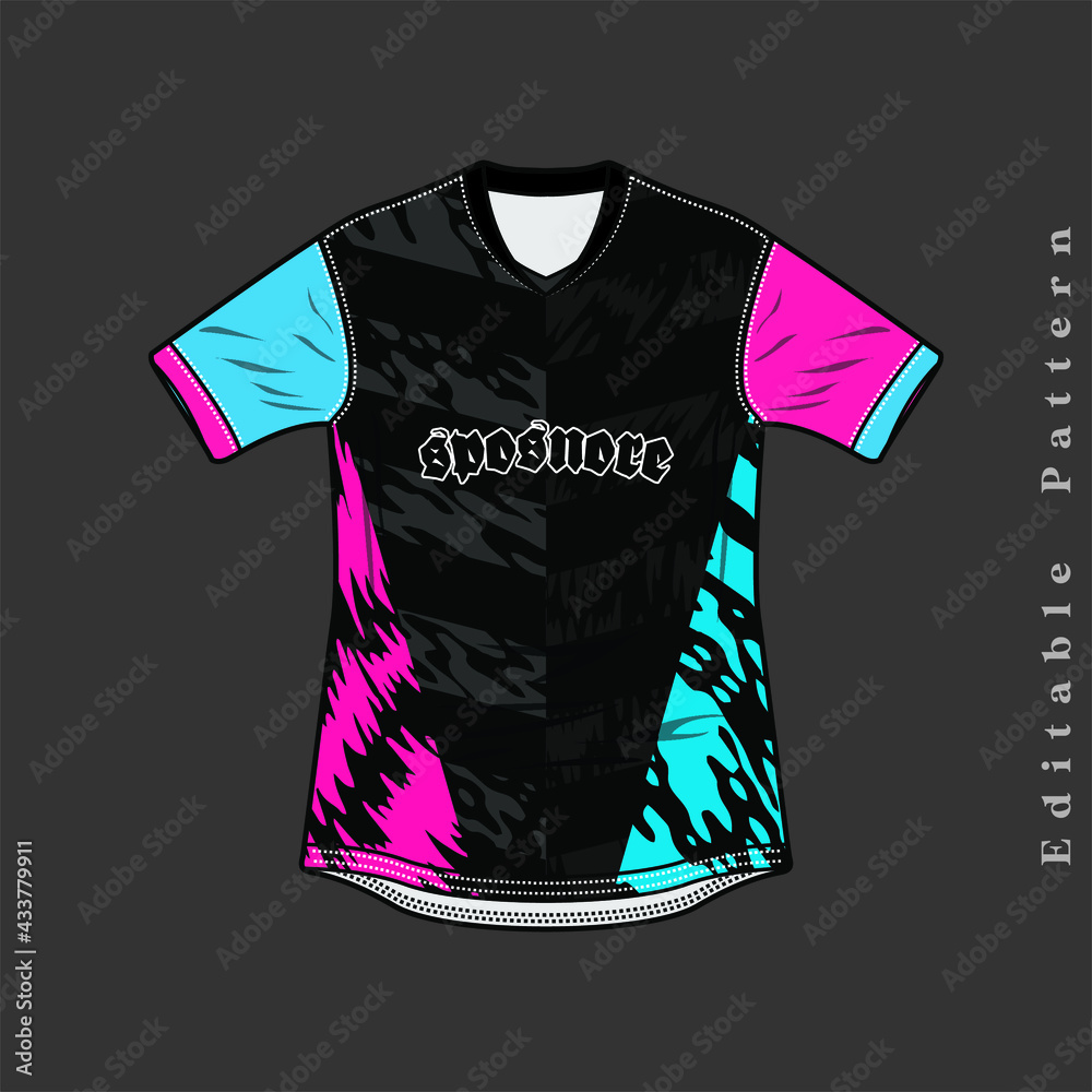 pattern jersey with mockup front view, editable for sublimation jersey,  balck combination blue and pink color Stock Vector
