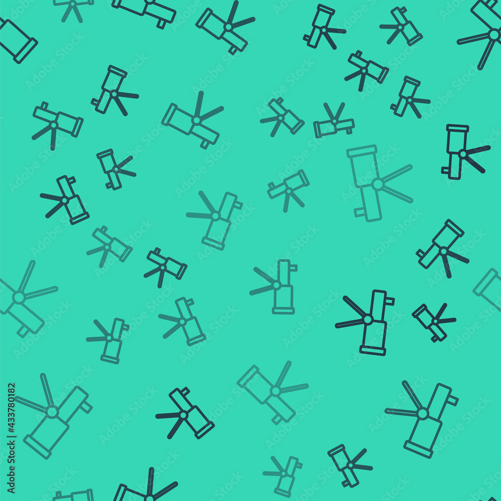 Black line Telescope icon isolated seamless pattern on green background. Scientific tool. Education and astronomy element, spyglass and study stars. Vector Black line Telescope icon isolated seamless pattern on green background. Scientific tool. Education and astronomy element, spyglass and study stars. Vector