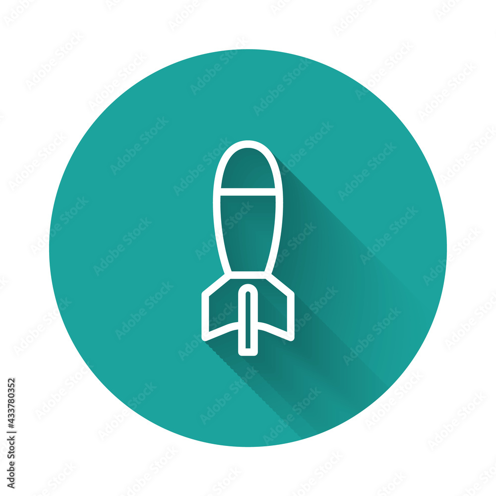 White line Rocket launcher with missile icon isolated with long shadow background. Green circle button. Vector White line Rocket launcher with missile icon isolated with long shadow background. Green circle button. Vector