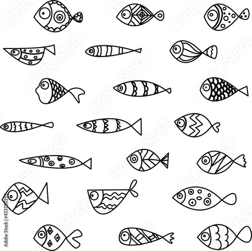 Seamless pattern whith cute hand draw fishes. Line art doodle illustration whith exotic fishes.
