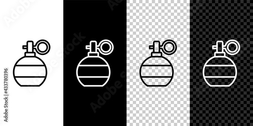Set line Hand grenade icon isolated on black and white, transparent background. Bomb explosion. Vector