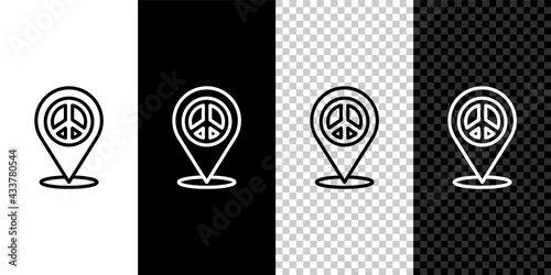 Set line Location peace icon isolated on black and white, transparent background. Hippie symbol of peace. Vector