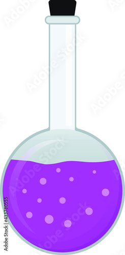 chemical flask with purple substance and black stopper 