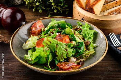 Healthy green salad with prosciutto, mozzarella and vegetables