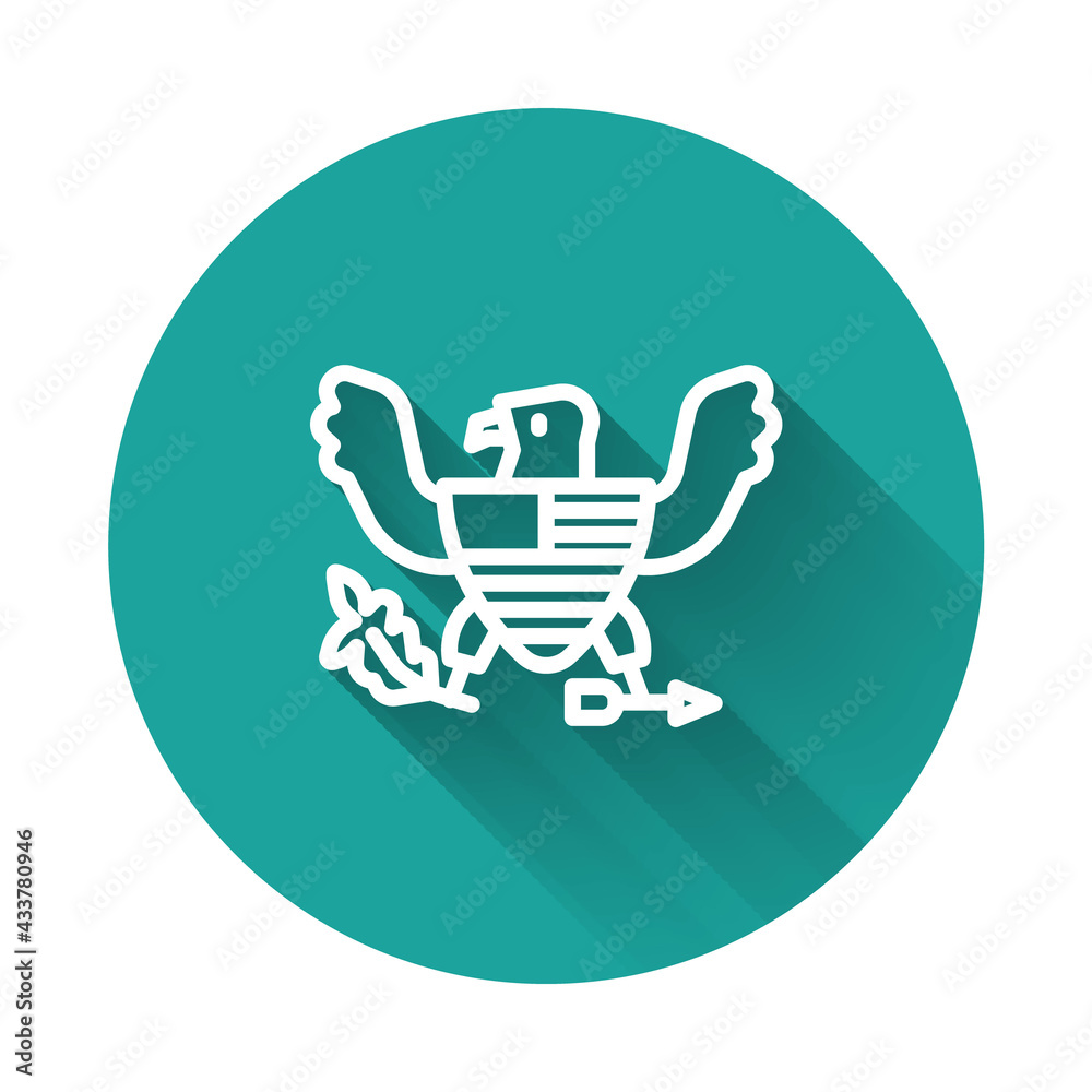 White line Eagle icon isolated with long shadow background. American Presidential symbol. Green circle button. Vector White line Eagle icon isolated with long shadow background. American Presidential symbol. Green circle button. Vector