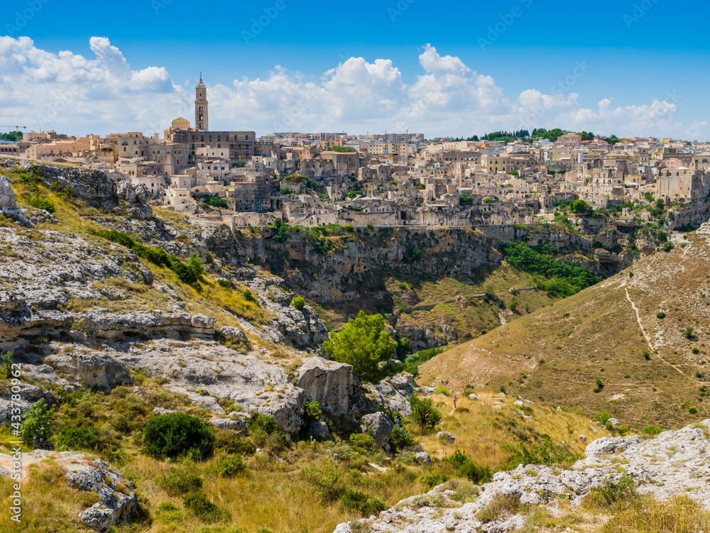 Dramatic view of the ancient town of Matera and its deep canyon, Basilicata region, southern Italy
